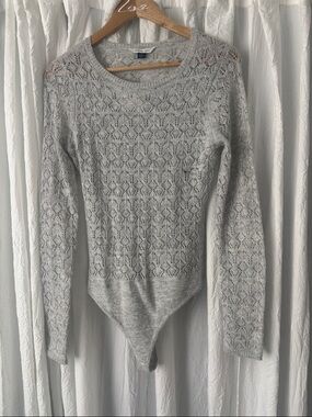 American Eagle Outfitters Light Gray Lace Knit Crewneck Bodysuit Sweater